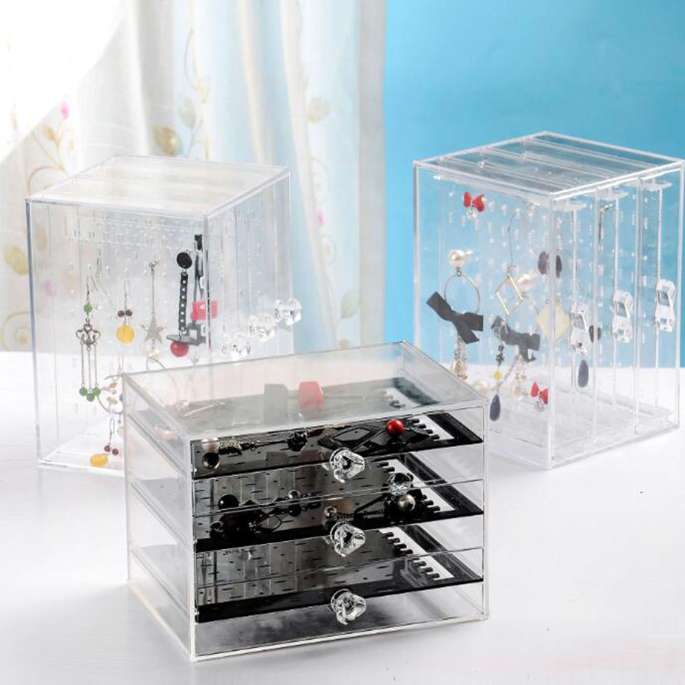 Acryl Clear Sieraden Opbergdoos Oorbel Display Stand Ketting Organizer Holder Showcase Met 3 Verticale Lade-Transparant