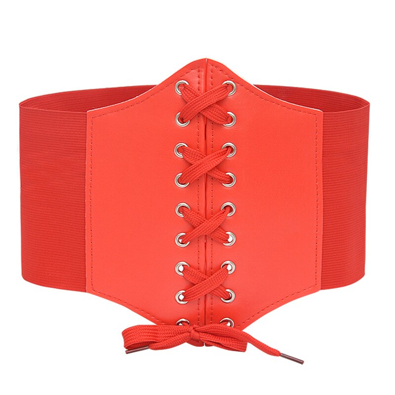 PU Leather High Waist Belt Super Wide Tied Waspie Belt for Dress Elastic Lace-up Cinch Women Corset Belt: red