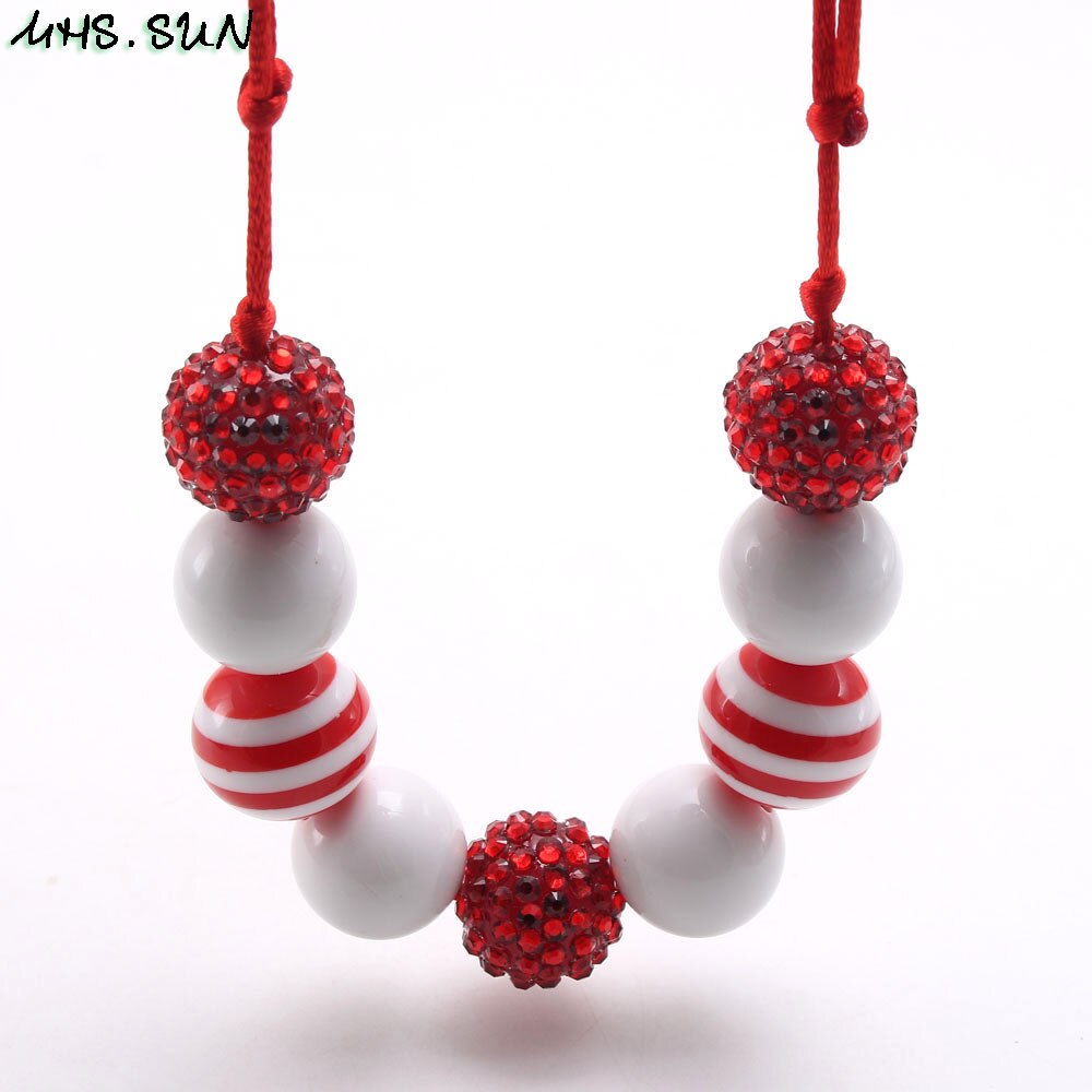 MHS. ZON rood + wit chunky bubblegum ketting mode meisjes strass kralen ketting kids verstelbare touw sieraden voor party