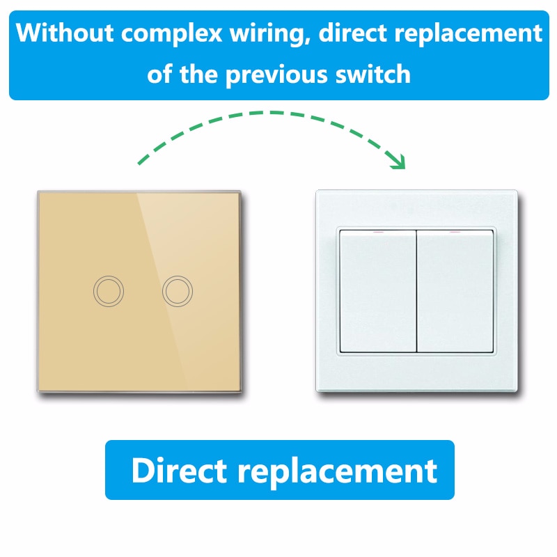 EU Standard VHOME Smart Touch Switch 2 Gang 1 Way,White Crystal Glass Switch Panel Sensor Switch with Wireless RF433Mhz Remote