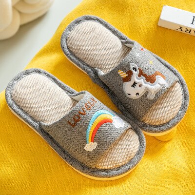 nouveaux enfants pantoufles garçon fille lin chambre tongs licorne chaussures coton pantoufles enfants hiver bébé dessin animé maison chaussures: gray / 22