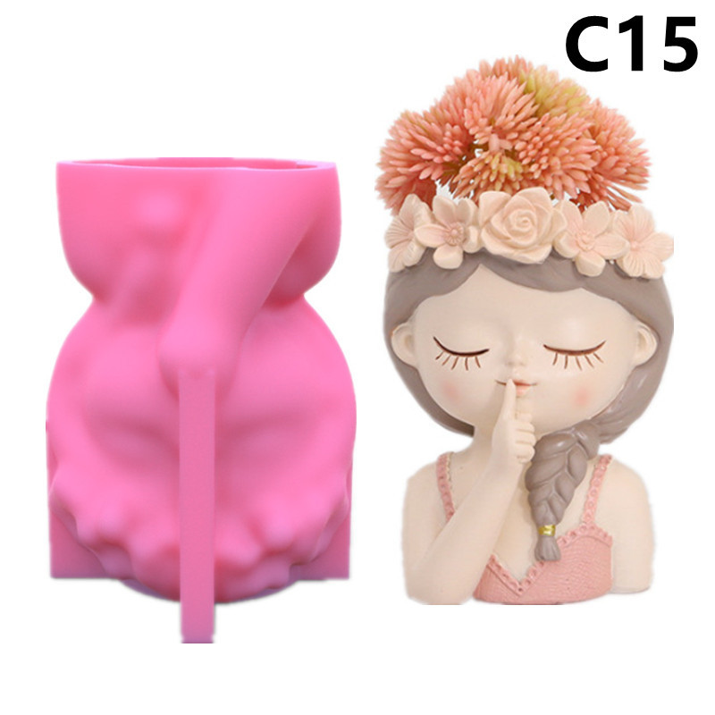 Sweet Girls Clay Flowerpot Silicone Mold Art Sculpture Flower Pot Concrete Cement Resin Molds Pen Storage Box Making Mould: C15