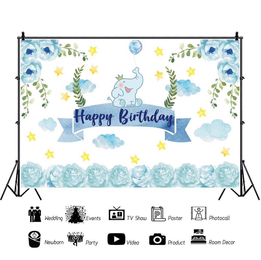 Blue Flowers and Elephant Birthday Backdrop Photography Background Photo Booth Studio Decor