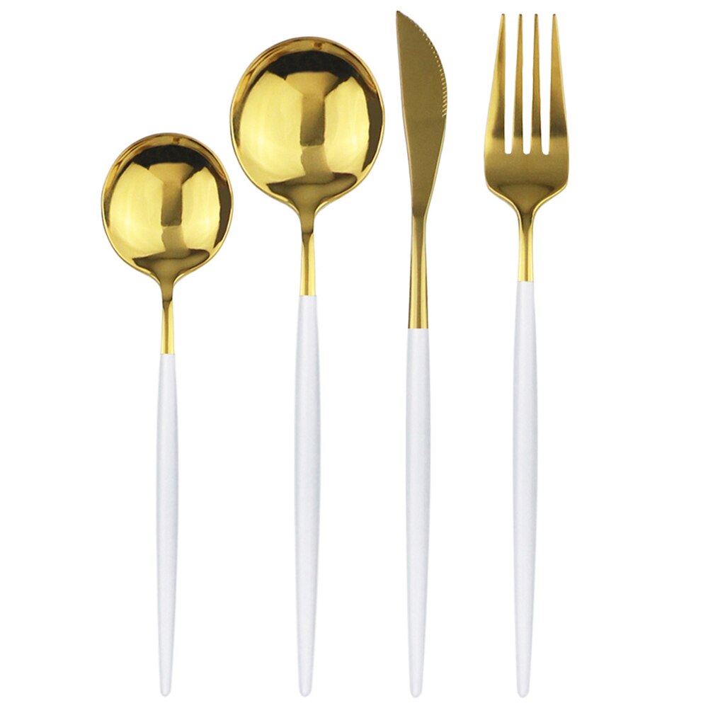 JANKNG 4Pcs Black Dinnerware Set Dessert Spoon Flatware Set Stainless Steel Tableware Mirror Kitchen Gold Cutlery Silverware Set: White Gold
