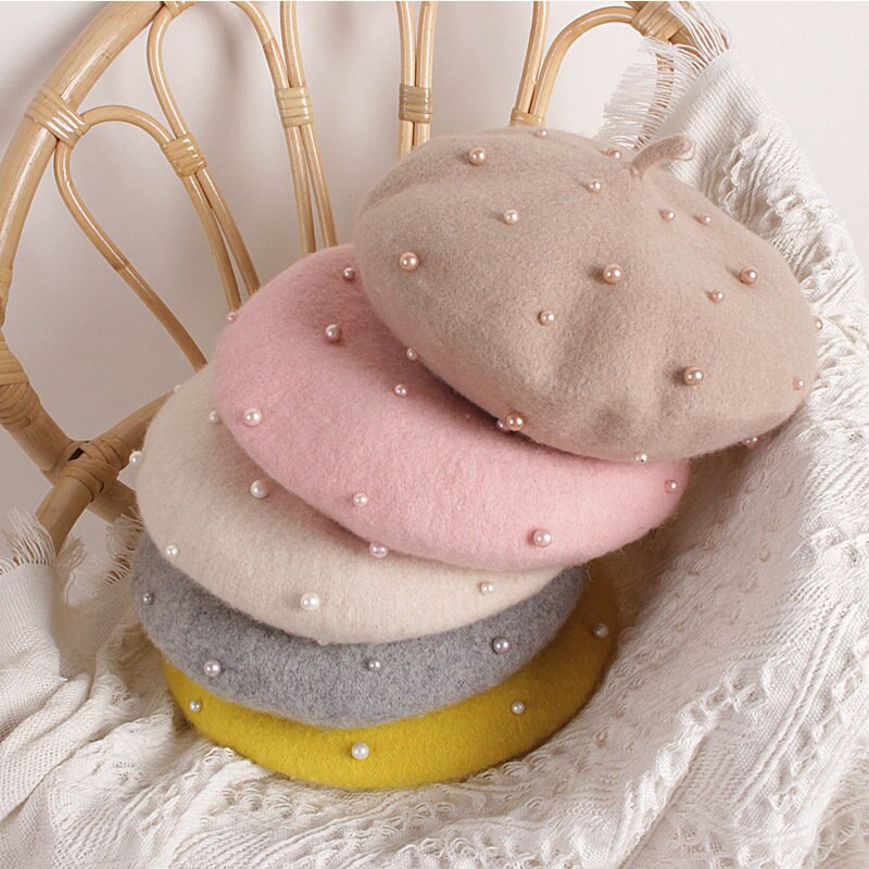 Crianças da criança menina boina de lã chapéu outono inverno quente clássico estilo francês frisado pérola gorro boné moda infantil para 2-8y