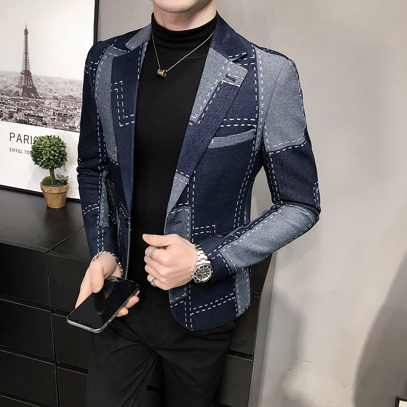Luxury Denim Blazers Men Spring Autumn Washed Denim Casual Suit Jacket Male Korean Plaid Street Wear Slim Fit Mens Casual Blazer
