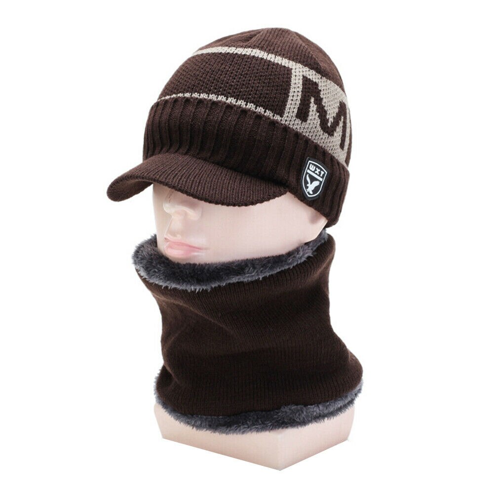 Brand Men Warm Winter Hat Knit Visor Beanie Fleece Lined Billed Beanie with Brim Cap: Brown