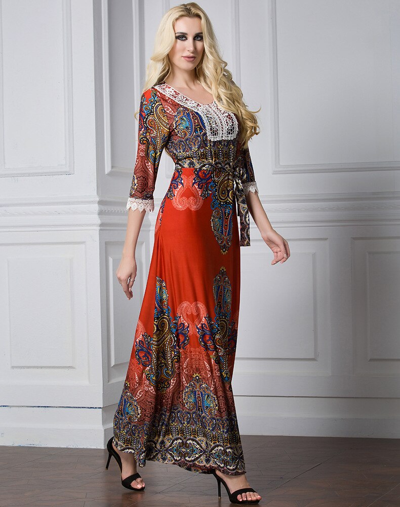 7XL Print Bohemia Dress Women Africa Ethnic Clothing Half Sleeve Beach Vacation Long Dresses Dubai Arab Abaya Kafan Muslim Robe