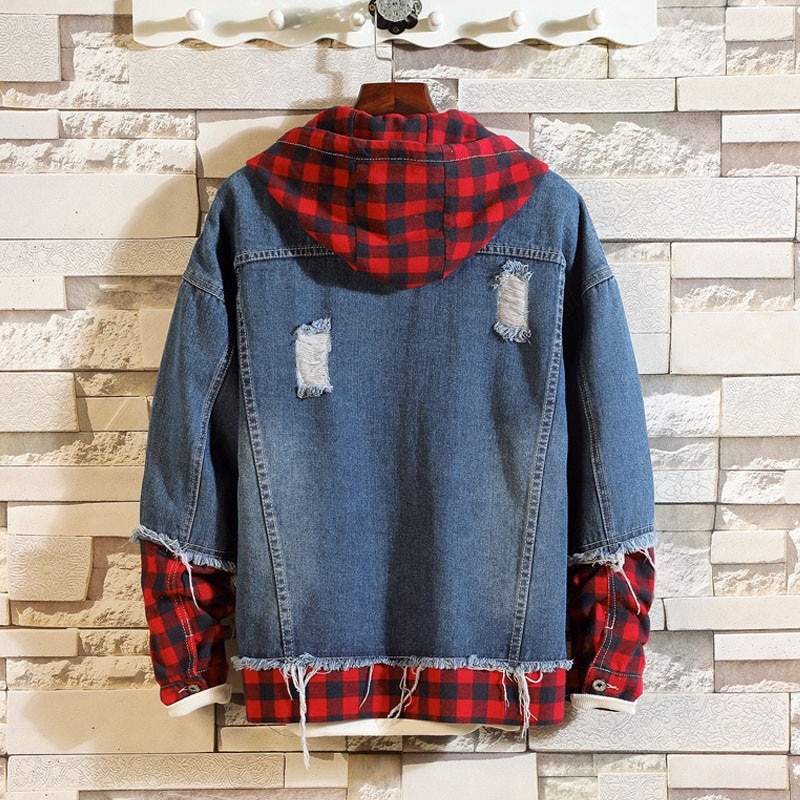 Blue Denim Jacket Men Autumn Slim Fit Hooded Ripped Jean Jacket Coat Hip Hop Streetwear Patchwork Outfit