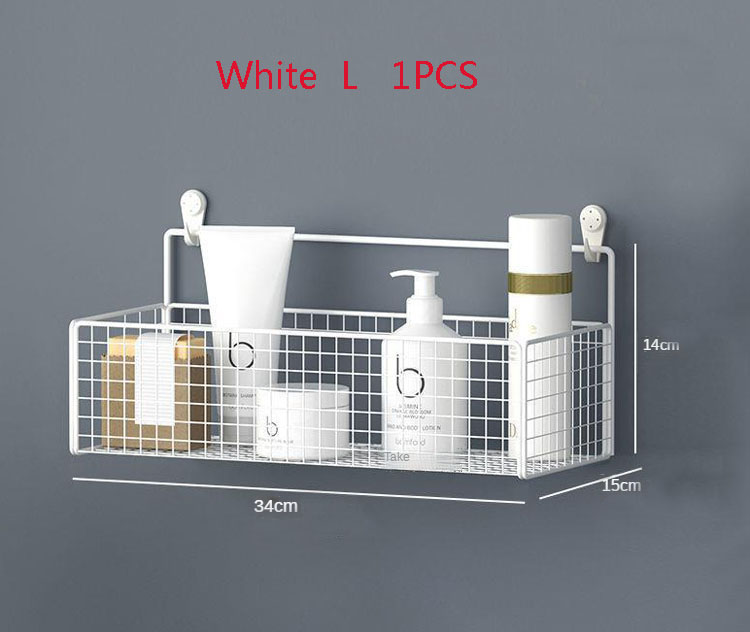 Black Wall-mounted bathroom shelf organizer Shampoo Rack Toilet Accessories Kitchen Free Punch Condiment Storage Basket: White L 1PCS