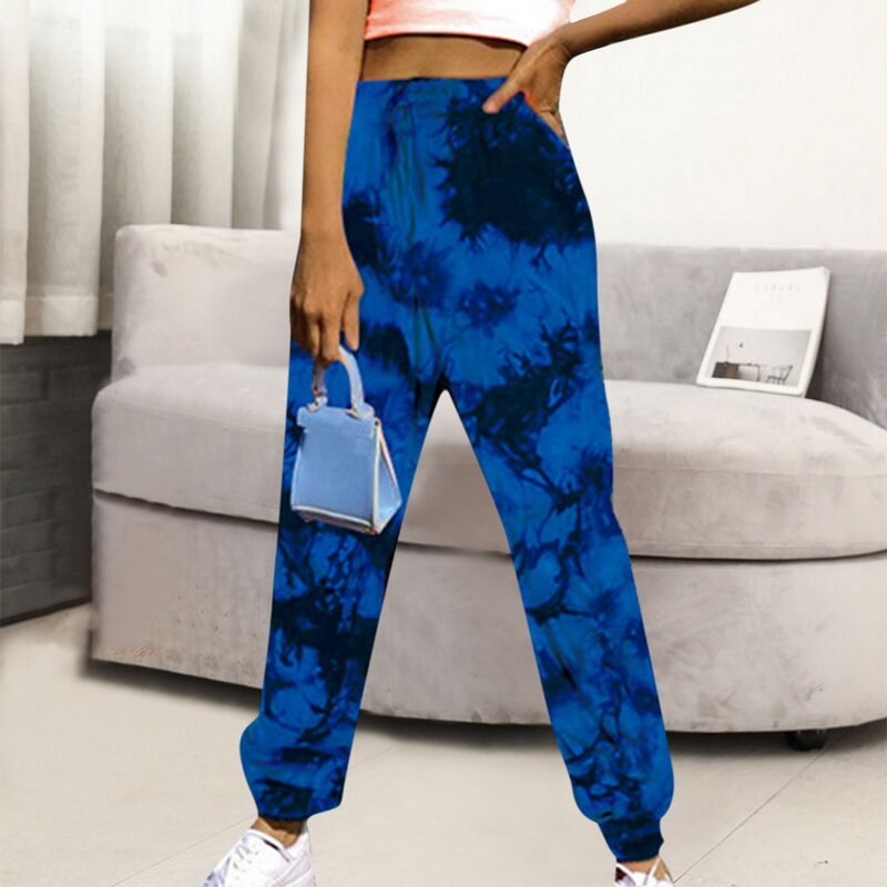 Women High-Waist Joggers Trousers Tie Dye Printed Sweatpants Casual Loose Sports Wear Female Drawstring Side Pockets Leggings: deep blue / XXL