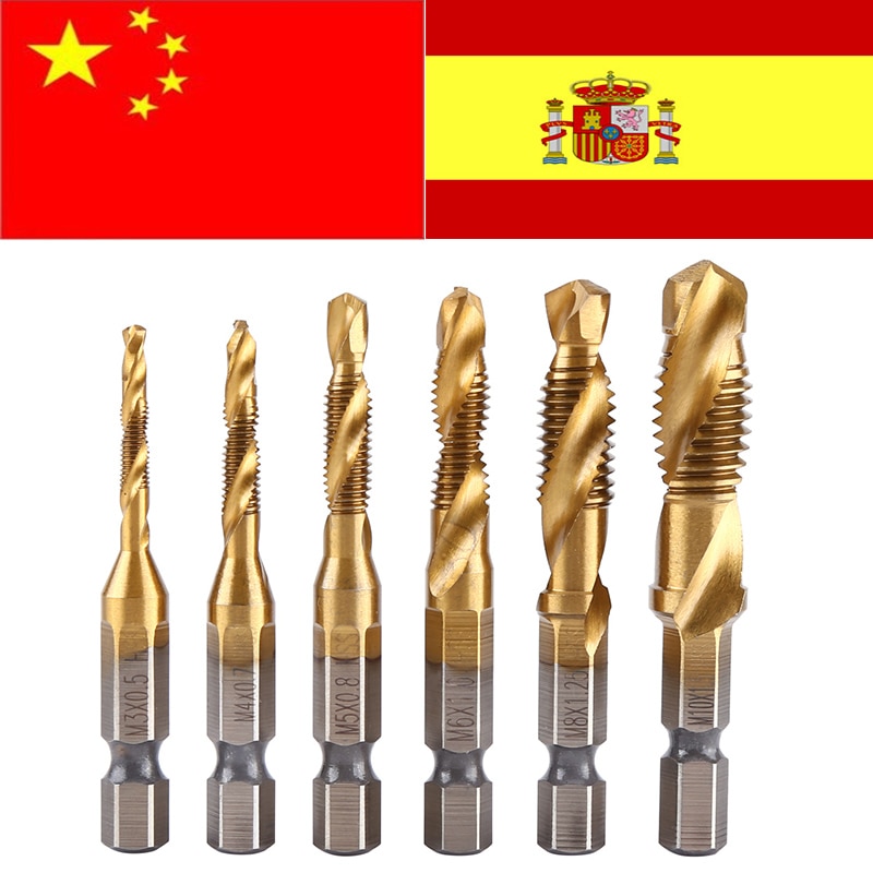 6pcs Drill Bit Metric Thread M3-M10 Titanium Coated HSS Drill and Tap 1/4" Hex Shank metaal boor broca quadrada foret conique