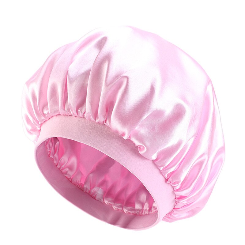 Oversized Double-layer Shower Cap, Stretch Wide-brimmed Satin Night Cap, Turban Cap: Pink
