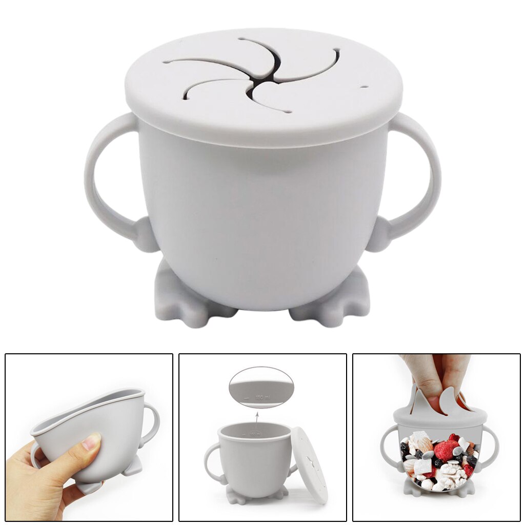 Spill-Proof Baby Kids Peuter Baby Siliconen Snack Cup Met Deksel Snack Kom Container: Light Gray