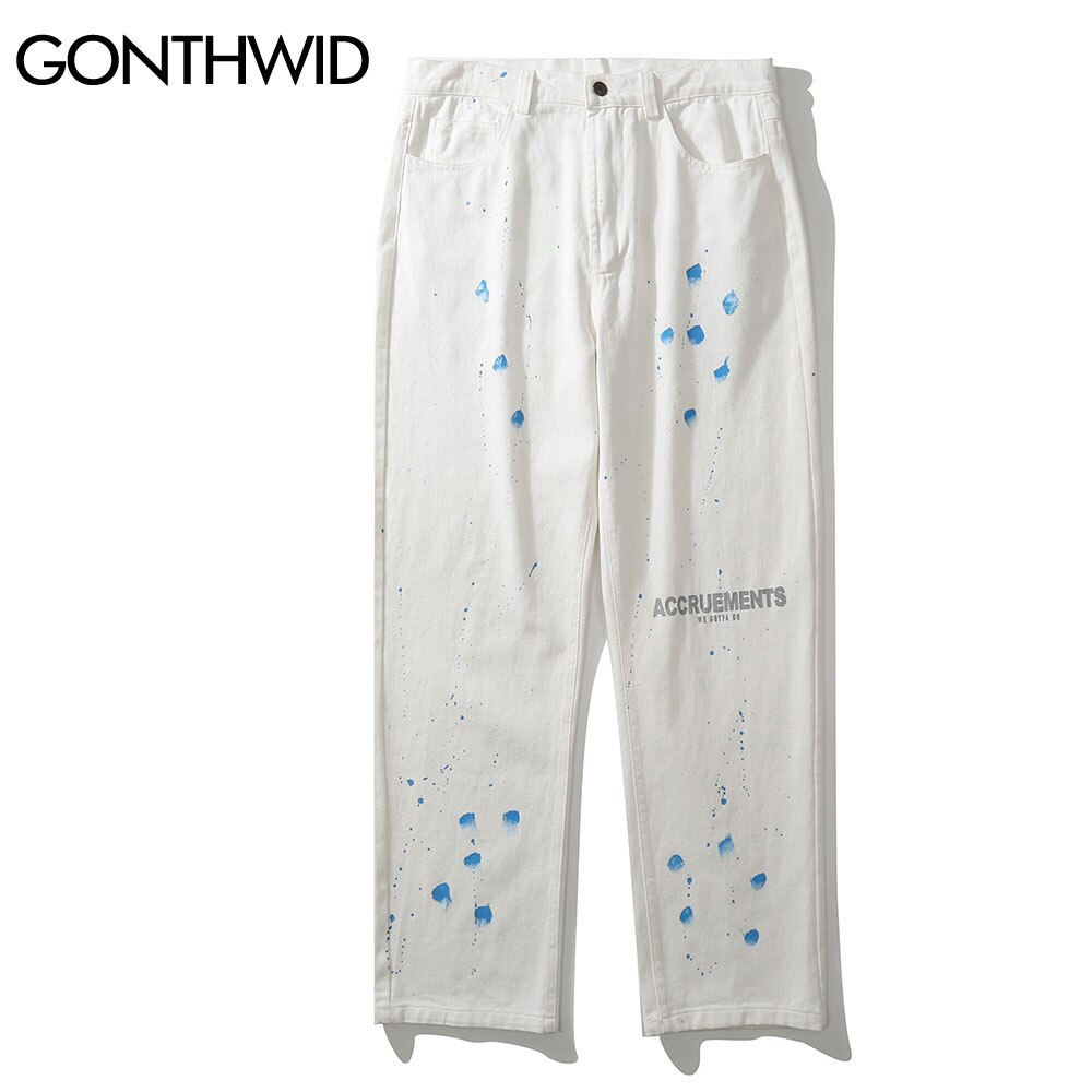 GONTHWID Jeans Men Hip Hop Streetwear Casual Graffiti Print Baggy Denim Pants Harajuku Loose Zipper Button Trousers Male