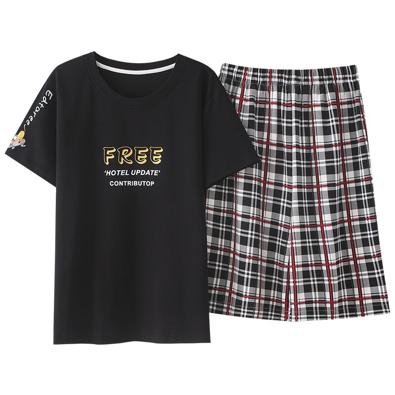 Men's Sleepwear 100% Cotton Pijama Hombre Summer Short Sleeve T-Shirts Plaid Shorts With Pockts Pajamas For Men Pyjama PJS: XXXL