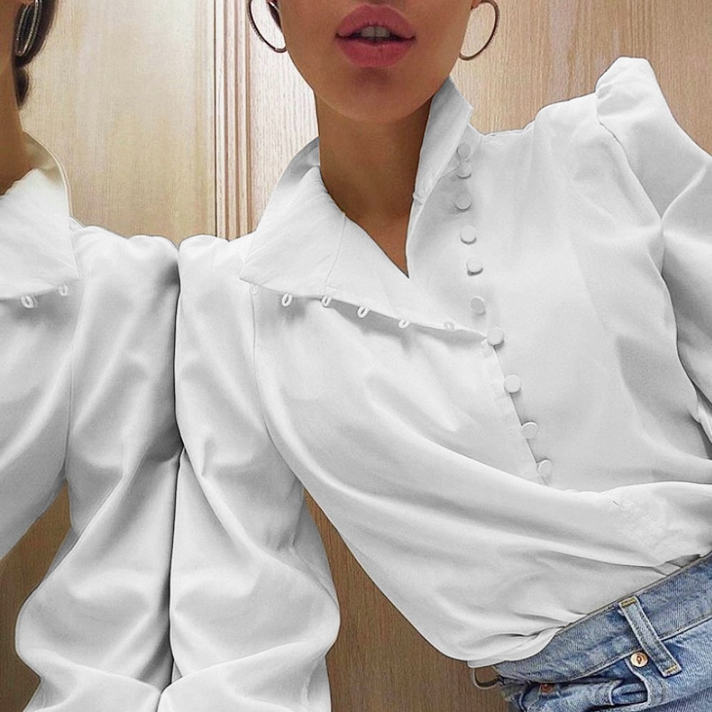 Blusa de cuello alto para mujer, camisa blanca de manga larga para oficina, Top informal liso con manga abombada, 2022