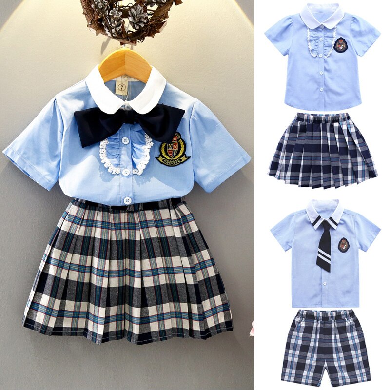 90-130cm Japanese Korean Style Plaid Student Girls School Uniform 2PCs Tops Skirt/shorts Clothing Set Dance Performance