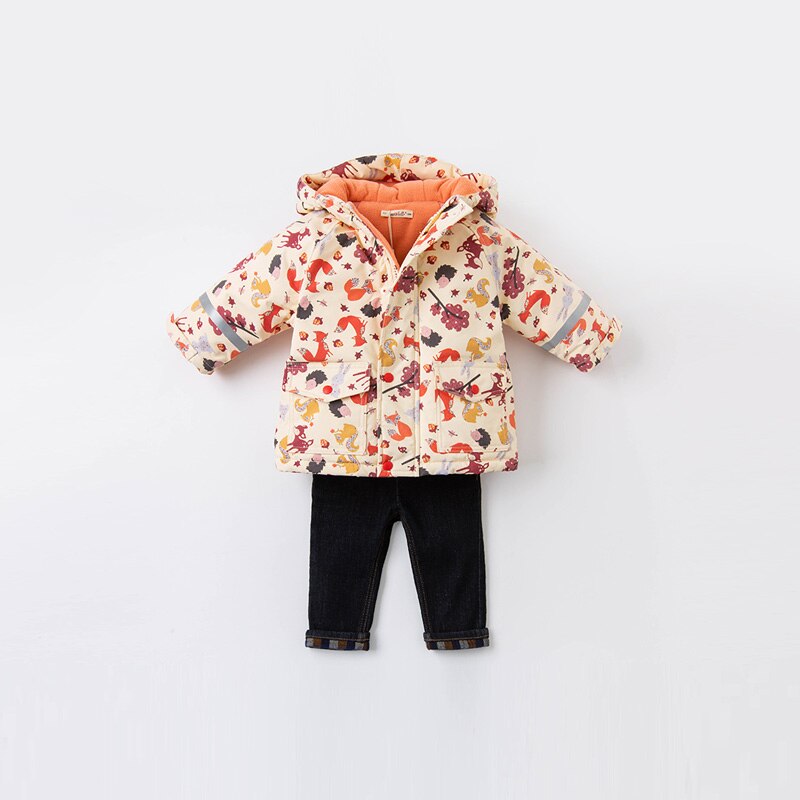 DB15847 dave bella inverno del bambino unisex del fumetto di modo di stampa tasche imbottito con cappuccio del cappotto top infantile del bambino della tuta sportiva