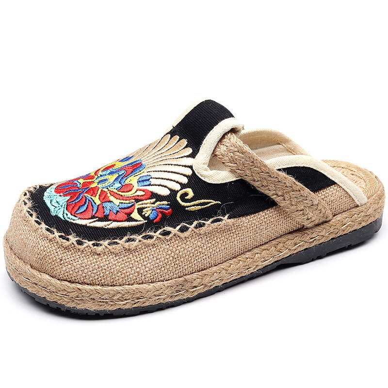 Chinesischen Stil Traditionellen Frauen Rutschen Stickerei Gewebt lässig Alten Peking Handgemachte Tuch Schuhe draussen Leinen Hausschuhe Sandalen: Schwarz / 40