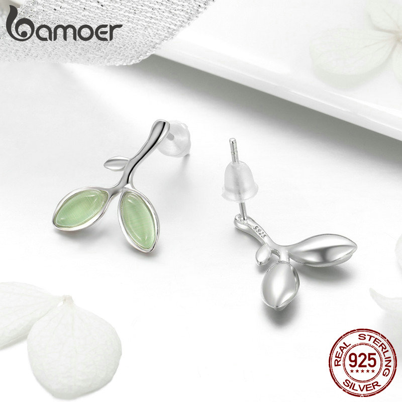 Bamoer real 925 prata esterlina esperança folhas árvore brotos verdes pequenos brincos para as mulheres autêntico jóias de prata sce465