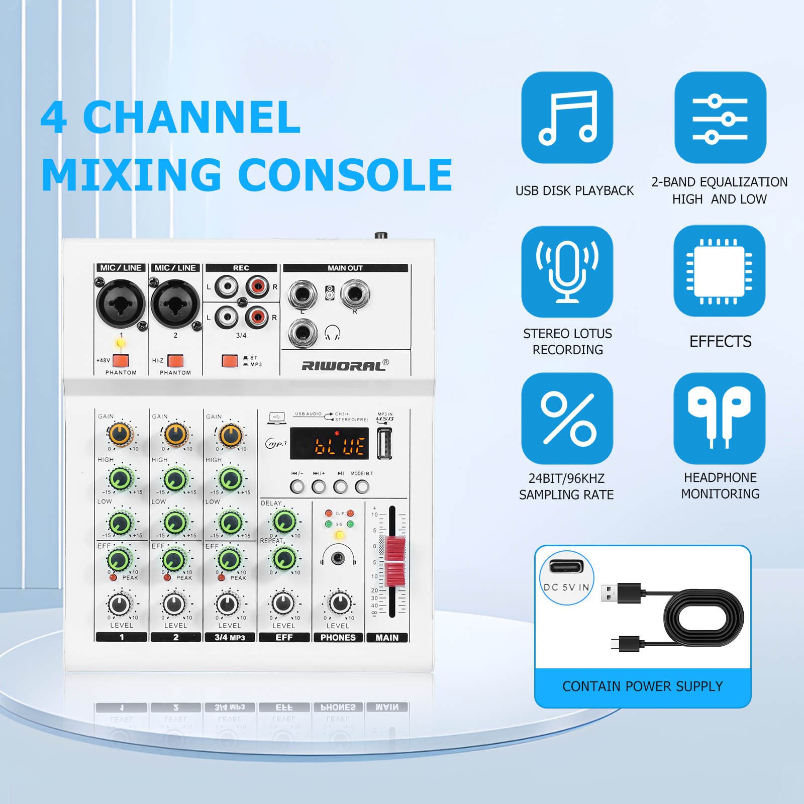 Mixer Audio Controller di registrazione e missaggio a 4 canali, mini interfaccia audio portatile, adatto per live