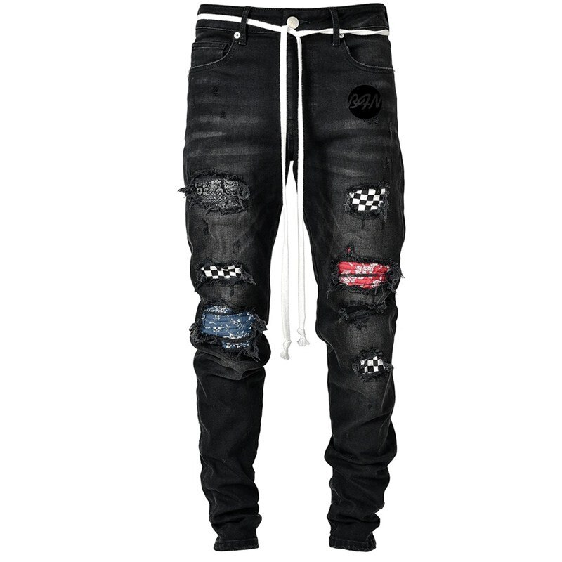 Pantalones vaqueros rasgados para hombre, pitillos ajustados con agujeros para motocicleta, Jeans Retro de retales para Calle