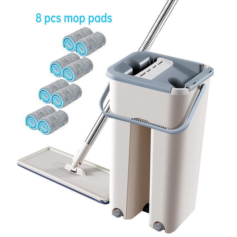 Vloer Mop Met Emmer Schoonmaken Mops Platte Squeeze Mop Emmer Systeem Schoonmaakproducten 360 ° Flexibele Mop Hoofd Met Herbruikbare pads: 8 pcs Mop pads