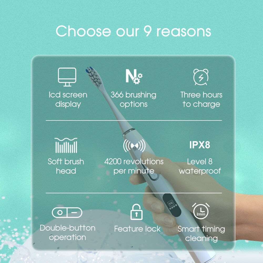 Boi – écran LCD blanc étanche IPX8, charge sans fil, 6 modes avec 8 têtes de brosse de rechange, brosse à dents électrique sonique pour adulte
