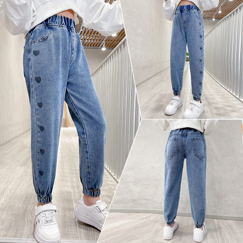 Jean pour filles, pantalon en Denim, motif cœur, décontracté, pour adolescentes de 6, 8, 10, 12 ans, collection printemps-automne