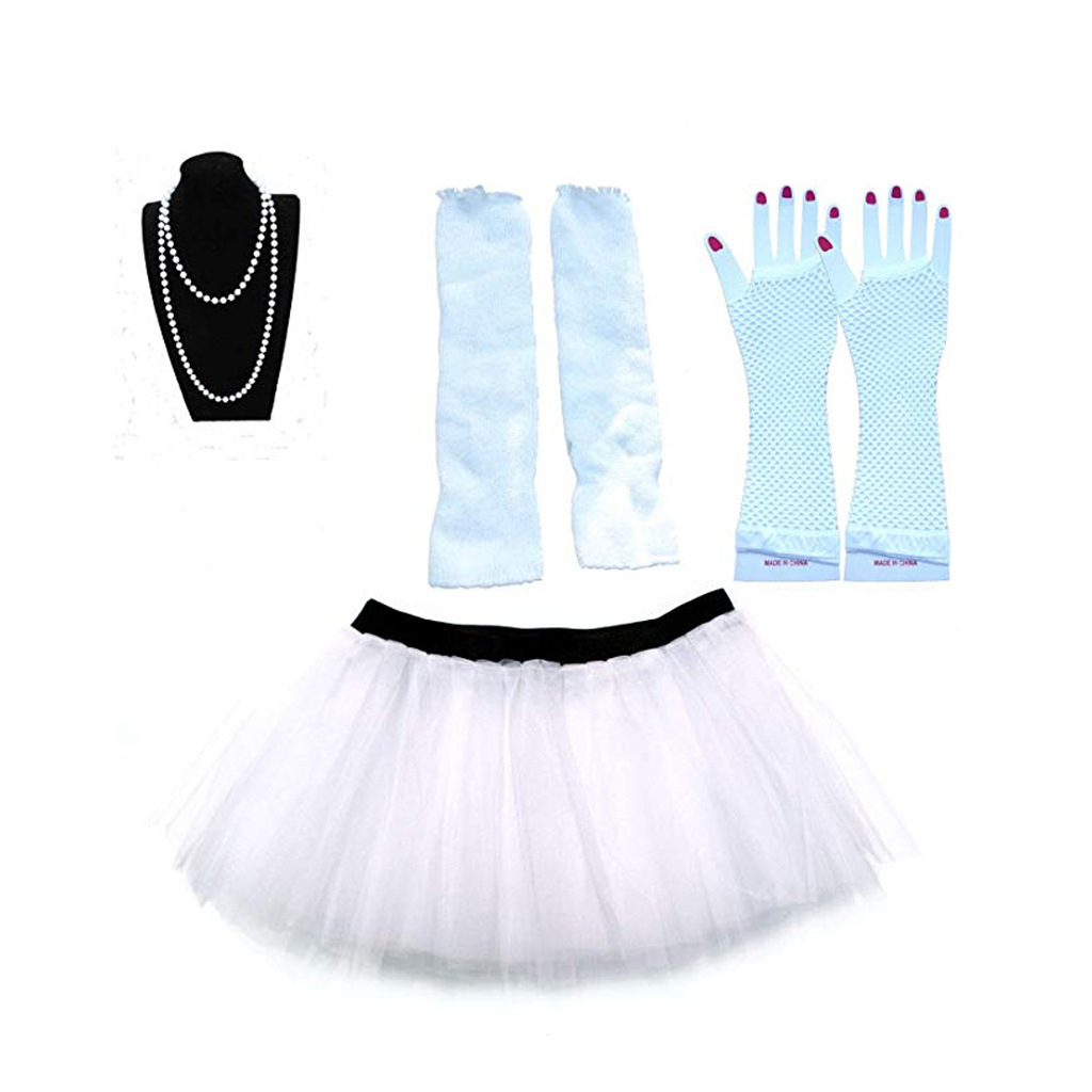 Halloween cosplay 80s kostymtillbehörsset i love 80s kjol halsband armband benvärmare t-shirt för festtillbehör: Vit