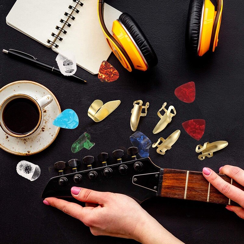 58 piezas púas de guitarra púas para pulgar púas de guitarra de Metal película protectora para la yema del dedo accesorios para guitarra de celuloide Kit con electrónica