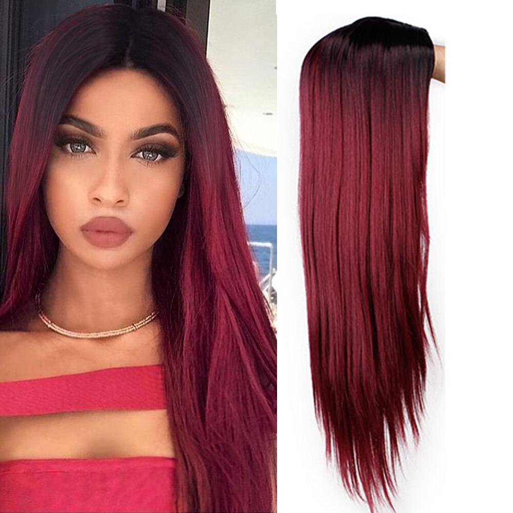Stamped Glorious 26inches Synthetic Wig Straight Long Black Wig MiddlePart Heat Resistant Fiber Hair Wigs for women: red