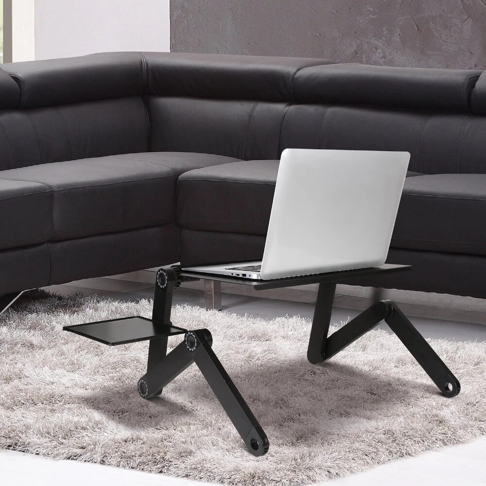 Mesa ergonômica ajustável para laptop de alumínio, suporte para mesa para PC, apoio para notebook com mouse pad, painel e cavalete para cama, TV portátil, escrivaninha dobrável