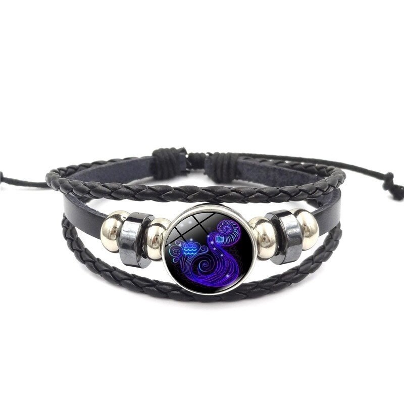 12 Constellation Zodiak Teken Blauw Glas Lederen Armband Ram Waterman Leeuw Maagd Geweven Glas Dome Sieraden Punk Mannen Armband: Aquarius