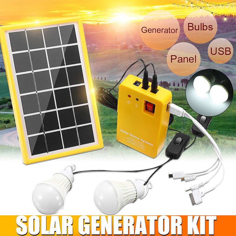 3W Zonnepaneel Noodverlichting Kit Solar Generator 4 Heads Usb Charger Cable + 2 Led Gloeilamp Voor outdoor Camping Solar Licht