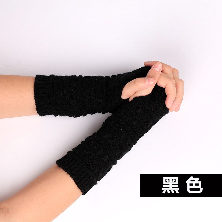 Women Thickened Gloves Knitted Woolen Arm Warm Autumn Winter Half Finger Sleeves Arms Hand Cover Solid Color: black
