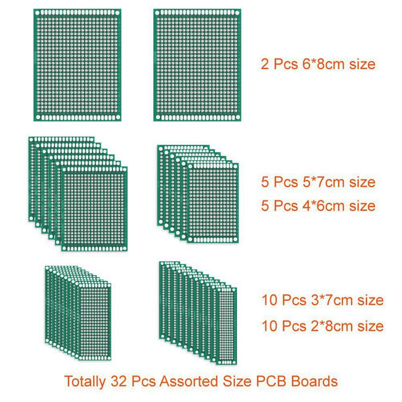 62 -delige printplaatkit bevat 32 dubbelzijdige prototypeborden , , 20 headerconnectoren en 10 schroefklemmenblokken