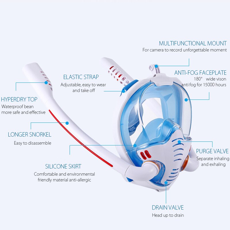 Máscara de buceo con doble tubo de esnórquel para adultos, gafas de natación, equipo de equipo para deportes acuáticos, silicona hiperseca de cara completa