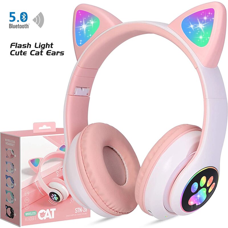 Flashing LED Cute Cat Wireless Headphones with Microphone Women HiFi Stereo RGB Music Phone Bluetooth Headset