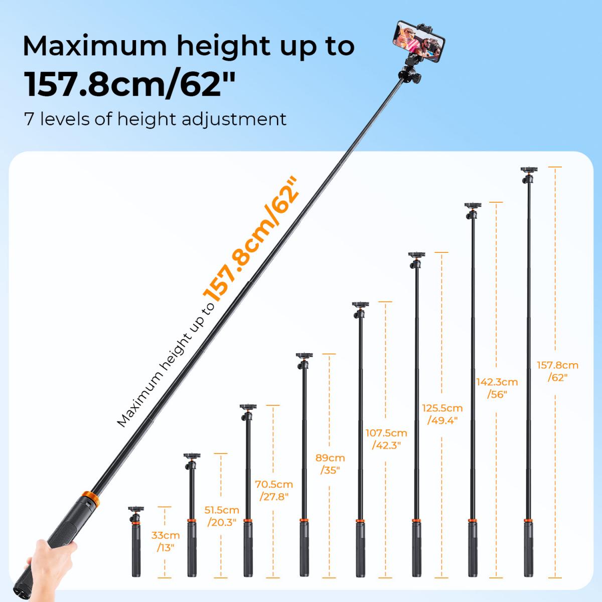 K&F Concept MS08 62''/1,58 m Statyw do telefonu Selfie Stick czarno-pomarańczowy z pilotem Bluetooth + adapter Gopro