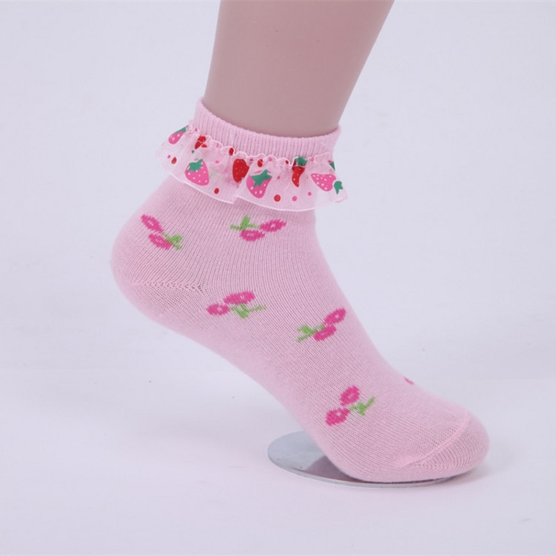 1 Pair Spring Autumn Girls Socks Cherry Strawberry Cotton Lace Kids Socks 3-12 Year Children Socks For Girls