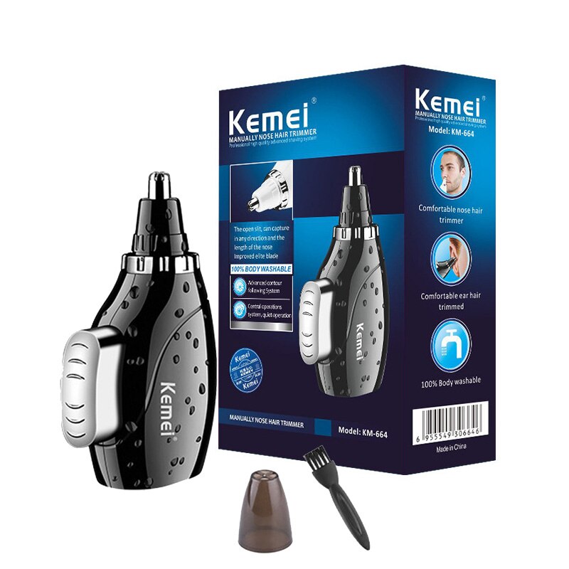 Kemei øre næse hår trimmer enhed km -664 håndbetjent næse hår enhed manuel strøm vandtæt uden elektricitet: Med kasse