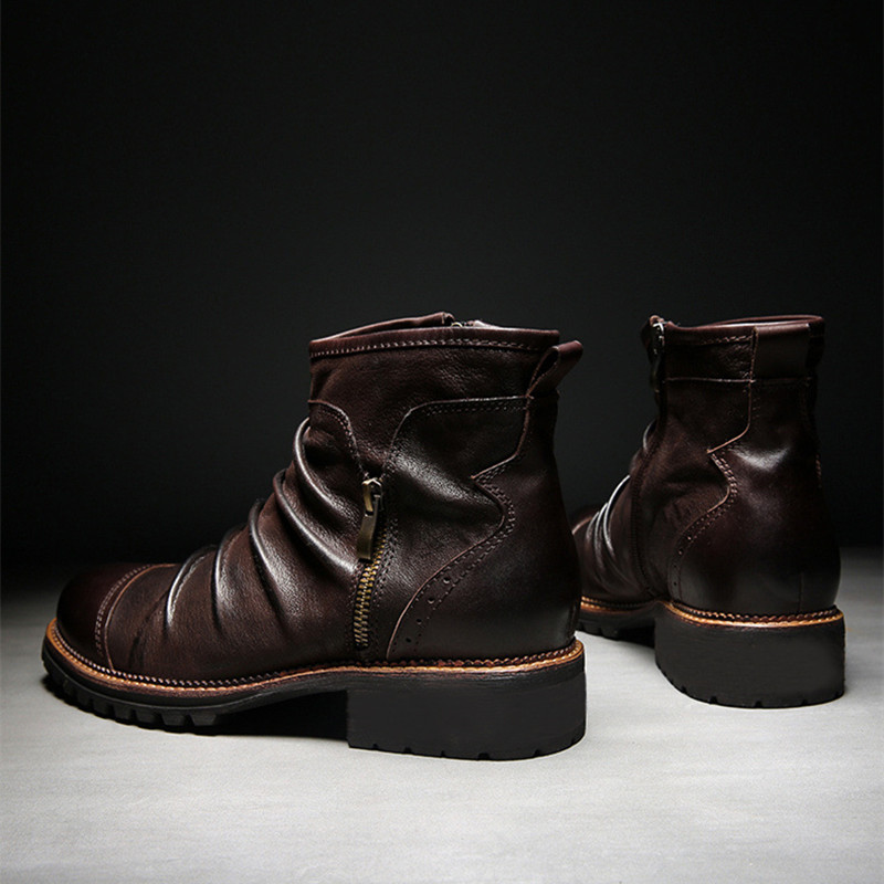 Yomior New Fashion Vintage brytyjskie męskie skórzane buty na co dzień okrągłe Toe Zip botki wiosna jesień strój biznesowy chelsea Boots