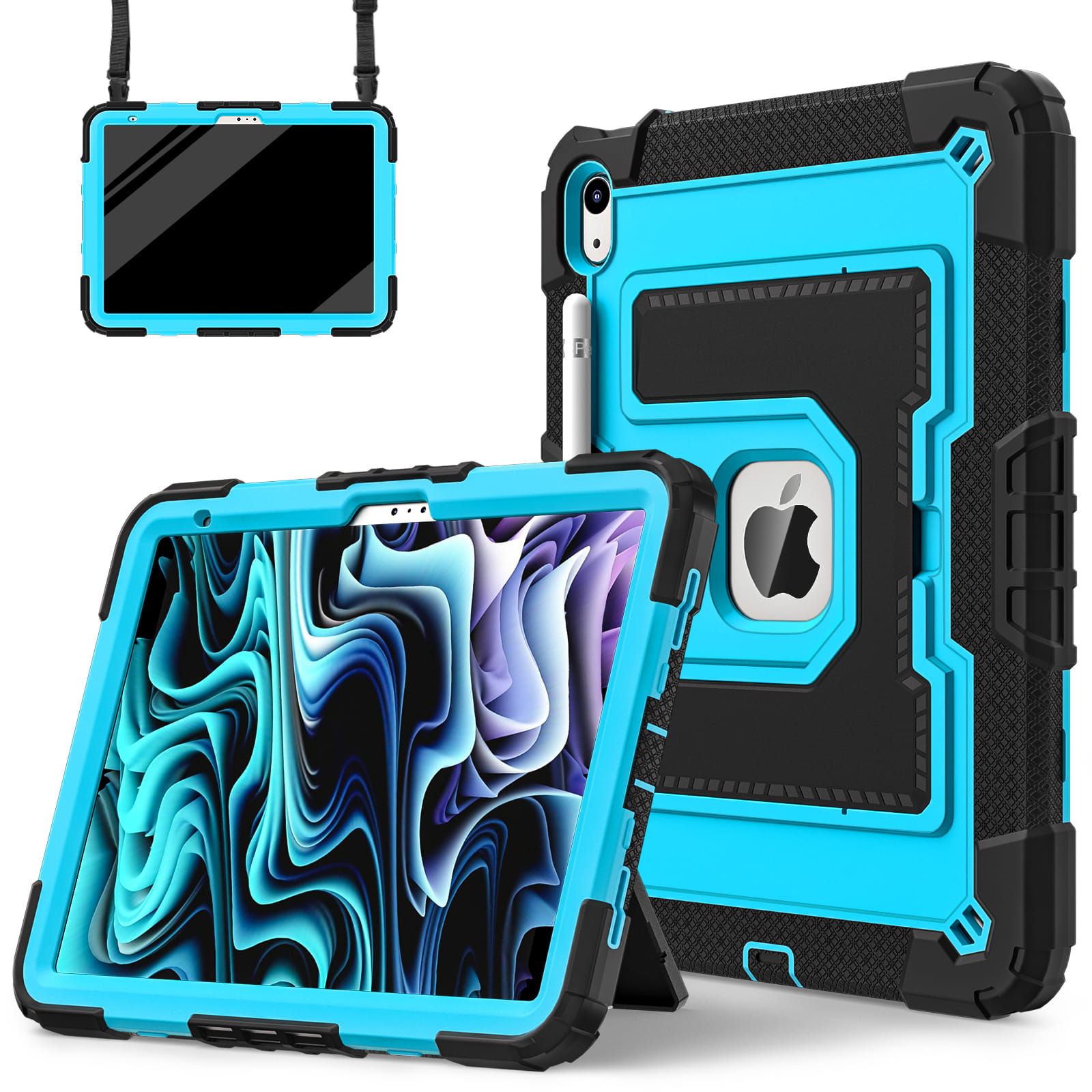 Funda para iPad 10th/A16 2025 de 11 pulgadas con funda para bolígrafo y correa para el hombro - Funda de silicona segura a prueba de golpes para tableta con función de soporte para niños: iPad (A16) de 11 pulgadas / Azul