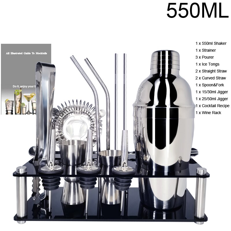 1-14 Teile/satz Edelstahl Boston Schnee Cocktail Shaker Rührgerät Trinken Barmann Werkzeug einstellen mit Gestell Rahmen Bar Cocktail Rezept: BI 15P 550MLRACK