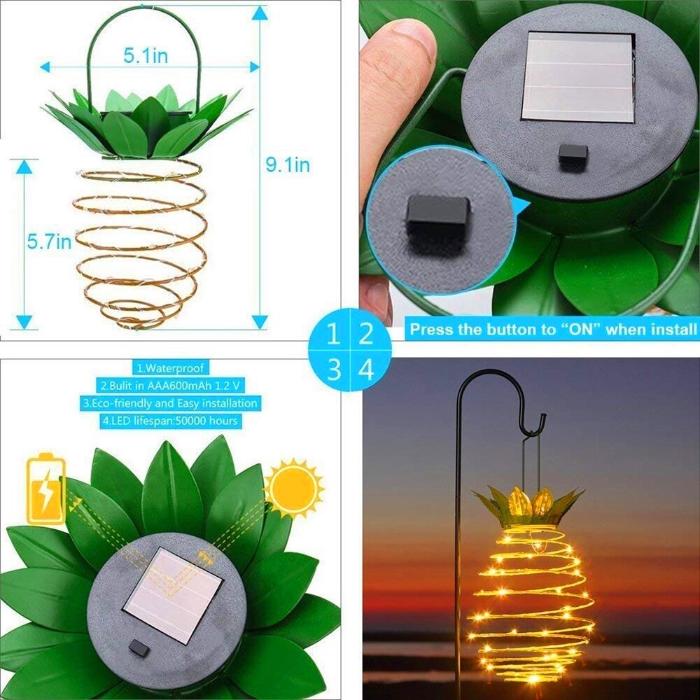 Solar havelys ananas form udendørs solenergi hængelys vandtæt væglampe fe natlys jerntråd kunst boligindretning