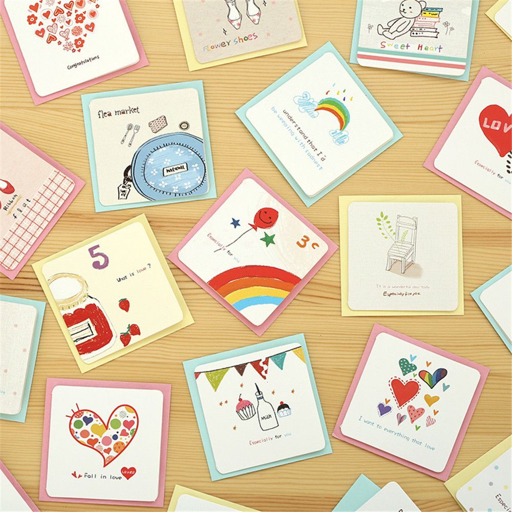 Juego de 10 tarjetas + 10 sobres, Mini tarjeta de felicitación, letra linda de la historieta, juego de papel Kawaii, tarjeta de cumpleaños, tarjeta de papel de escritura
