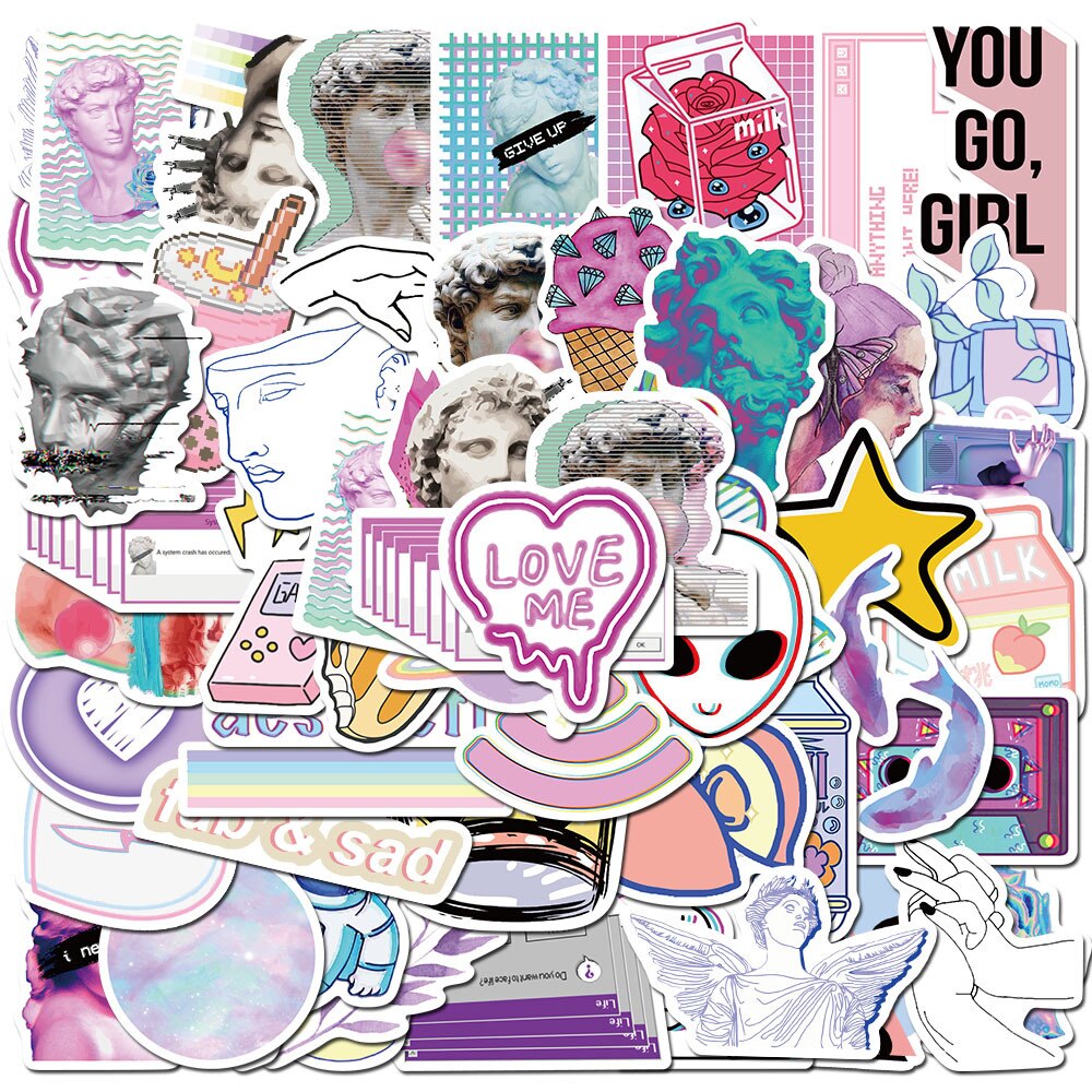 50pcs Vaporwave Art Style Sticker for Laptop Computer Skateboard Luggage Refrigerator Notebook Helmet Toy Cartoon Stickers