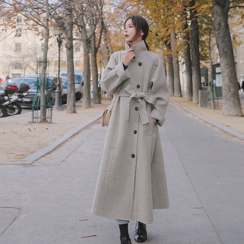 Abrigo de lana de gallo largo y grueso para mujer, chaqueta de lana para estudiante, con cinturón suelto a cuadros, para invierno: M 58-67KG